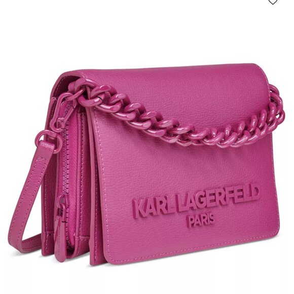 KARL LAGERFELD PARIS Lourdes Chain Strap Crossbody Leather Bag Dark Cactus - Picture 2 of 5